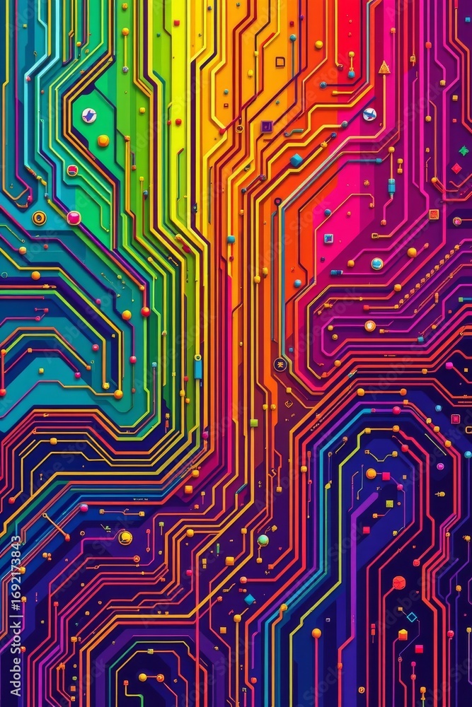 Poster the image features a vibrant, abstract depiction of a complex circuit board with a gradient of brigh