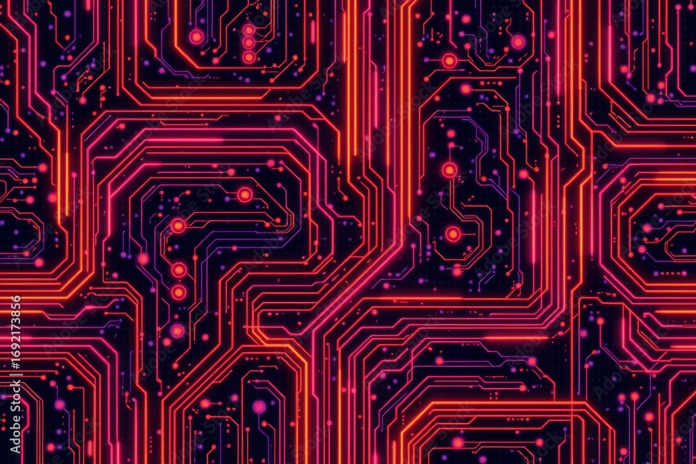 Poster the image displays a close up view of a highly intricate and vibrant electronic circuit pattern