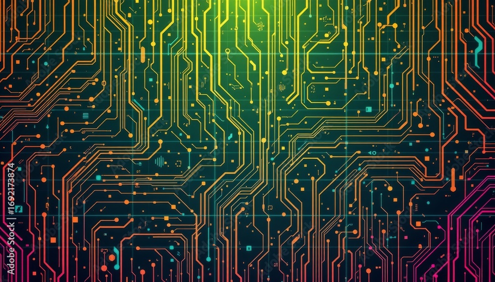 Poster the image features a vibrant, digital circuit board pattern with intricate pathways and connections