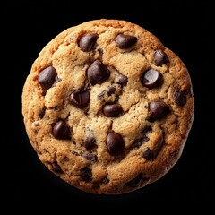 Delicious chocolate chip cookie on a black background showcasing its warm texture and rich flavor