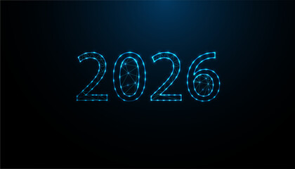 Year 2026 in a futuristic low poly design against a dark background. Number 2026 digital design on dark blue background with connected dots and lines. Vector illustration.