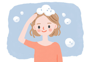 Cheerful woman with short hair is playfully touching her head, surrounded by bubbles. background is soft blue, creating light and joyful atmosphere