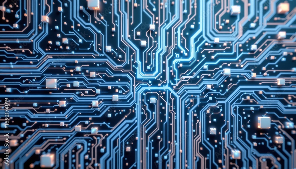 Aufkleber the image depicts a highly detailed and illuminated circuit board, with intricate pathways and conne