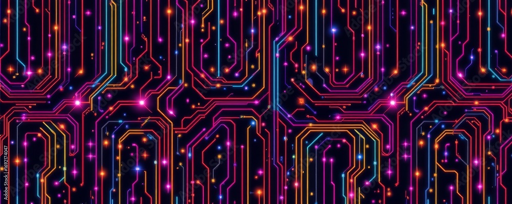 Poster the image features a vibrant, futuristic circuit board design with glowing lines and connections