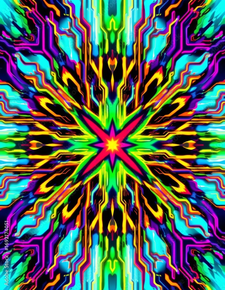 Poster a vibrant, symmetrical abstract design features a central starburst pattern radiating outward with s