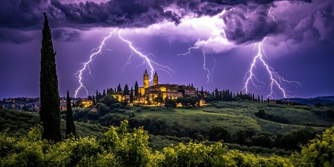Dramatic lightning strikes illuminate a Tuscan hilltop town under a stormy purple sky
