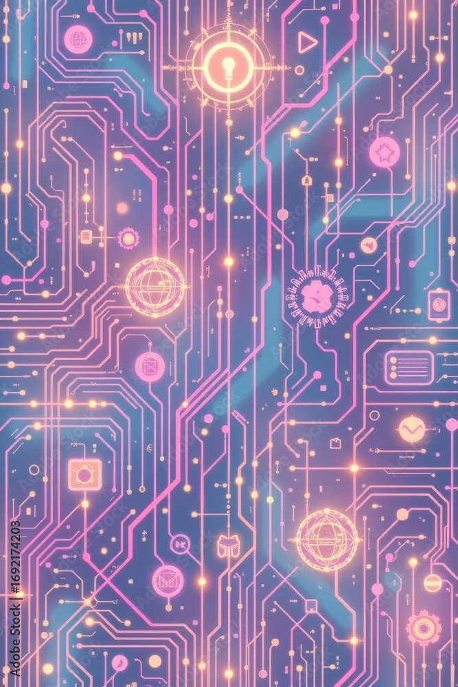 Poster the image depicts a futuristic and vibrant digital circuit board with glowing lines and nodes in sha