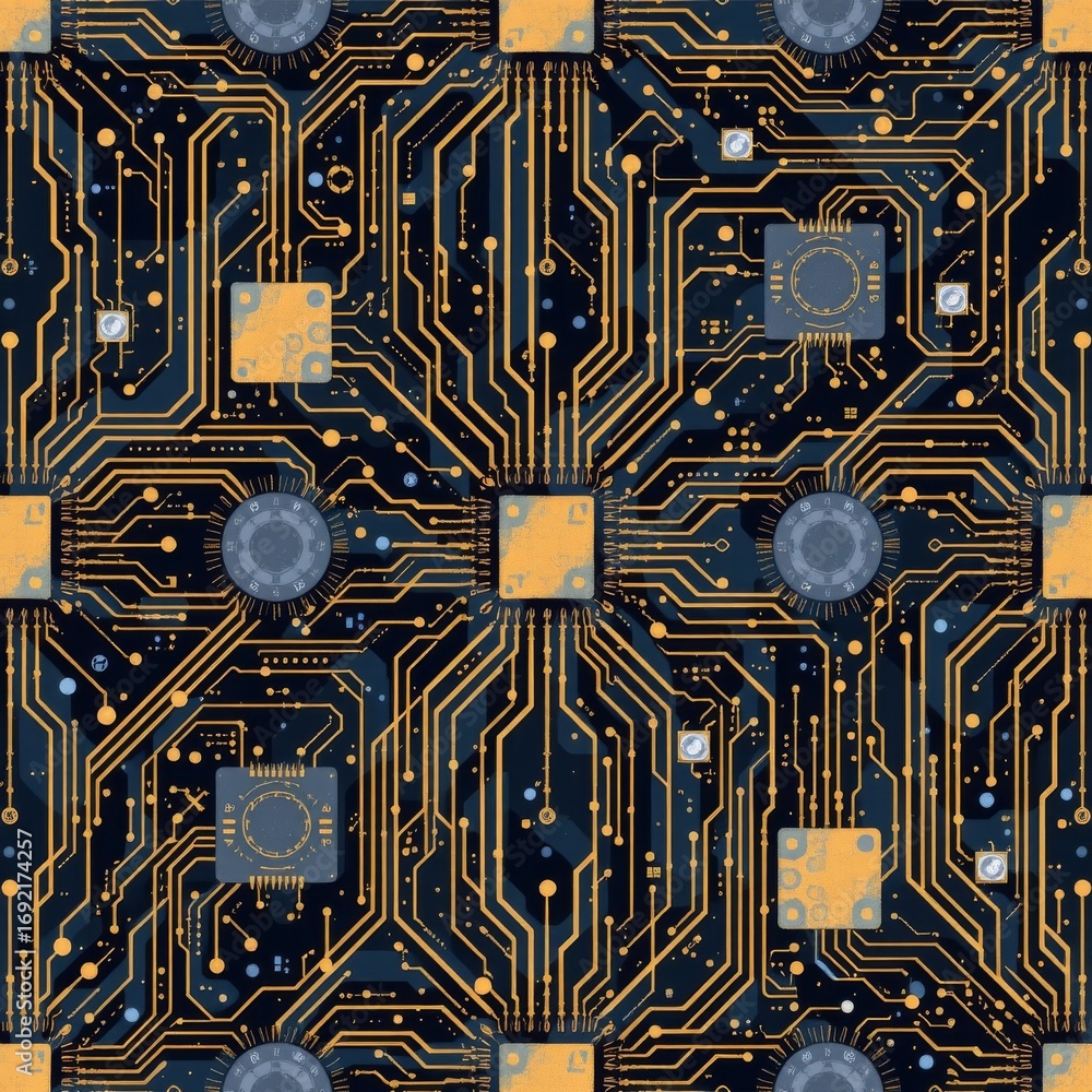 Poster the image depicts a detailed close up of a printed circuit board with a black background and intrica