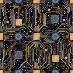 The image depicts a detailed close up of a printed circuit board with a black background and intricate gold colored conducting pathways