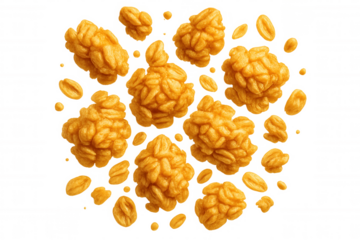 Crunchy oat flakes tumbling, spinning freely against transparent backdrop, forming appetizing culinary motion graphic