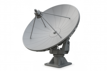 Massive satellite communications antenna receiving wireless signals, transparent backdrop
