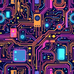 The image depicts a vibrant and abstract digital circuit board with a colorful, neon inspired color palette