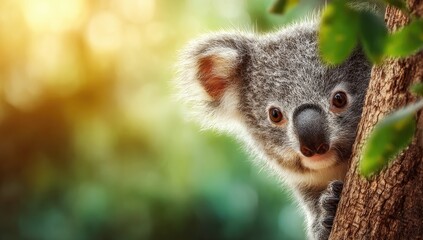 Obraz premium A charming baby koala peeks out from behind a tree trunk, showcasing its curious expression against a backdrop of lush green foliage.