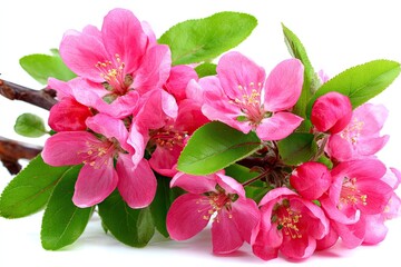 Fototapeta premium Close-up of a branch with vibrant pink blossoms and green leaves