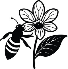 Black and White Silhouette of a Bee Approaching a Flower with a Leaf on white background