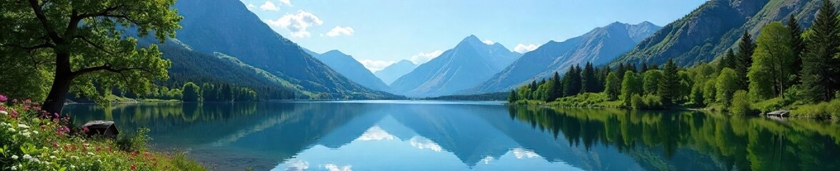 Obraz premium Serene mountain lake reflecting a clear blue sky, surrounded by lush green trees and wildflowers Perfect for nature, travel, and environmental themes , peaceful, untouched