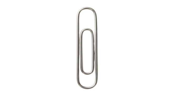 Silver paperclip gleams against black. Simple, modern, clean office supply for presentations or stationary design.
