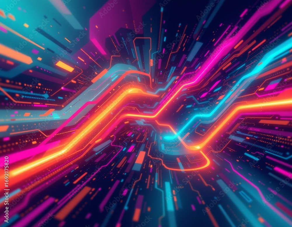 Poster the image features a dynamic, futuristic scene with vibrant neon lines and digital light streaks rac