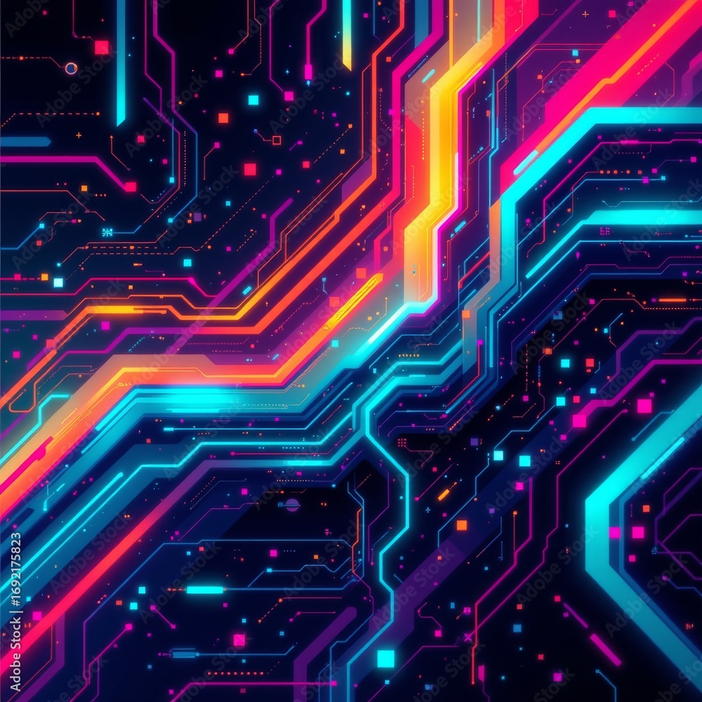 Poster the image features a vibrant, futuristic circuit board design with glowing lines and pathways in bri