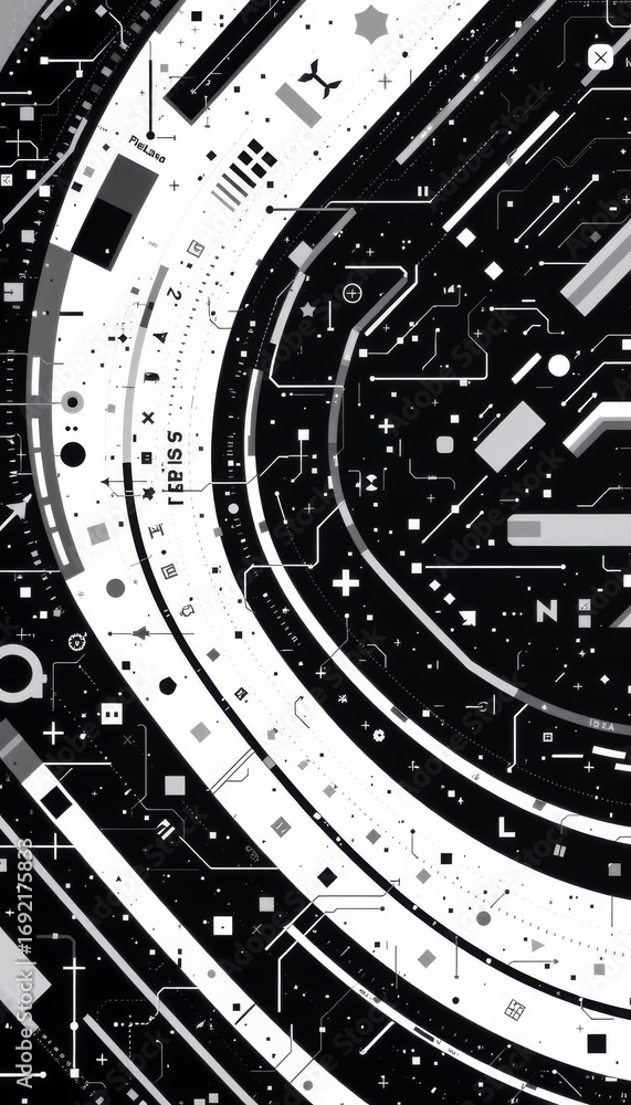 Poster the image features a futuristic, digital circular interface filled with various geometric shapes, li