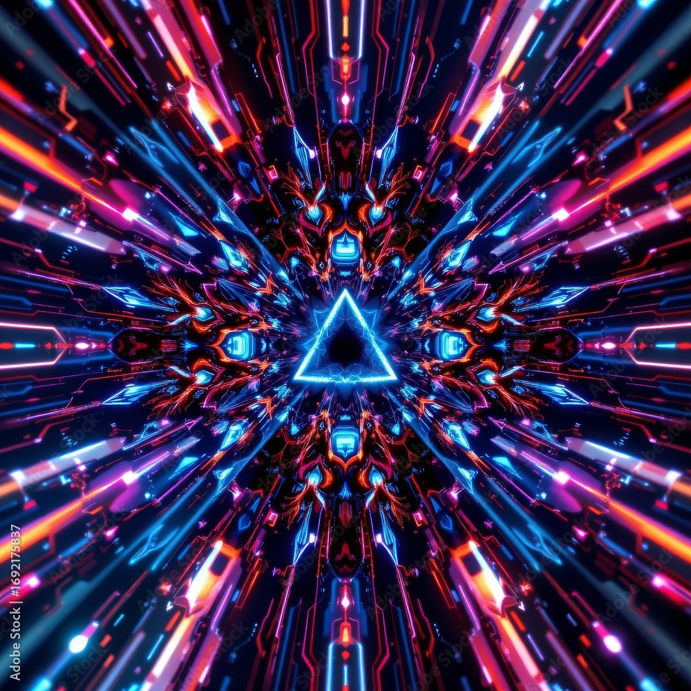 Poster the image features a central glowing triangle surrounded by an intricate pattern of vibrant, neon li
