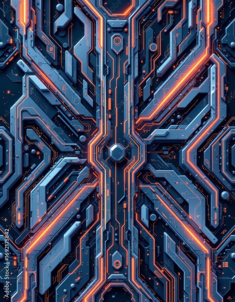 Poster the image depicts a highly detailed, futuristic circuit board or technological interface with intric