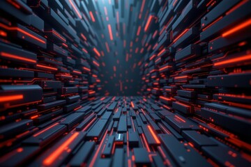 The image depicts a futuristic tunnel composed of numerous rectangular panels and lines, creating a sense of depth and motion toward a central vanishing point