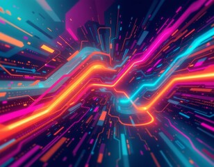 The image features a dynamic, futuristic scene with vibrant neon lines and digital light streaks racing through a dark background