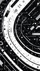The image features a futuristic, digital circular interface filled with various geometric shapes, lines, and symbols, giving it a high tech appearance