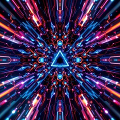 The image features a central glowing triangle surrounded by an intricate pattern of vibrant, neon lit lines and shapes radiating outward, creating a sense of dynamic motion
