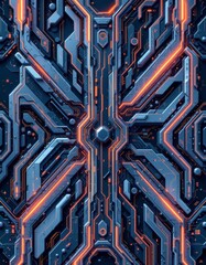 The image depicts a highly detailed, futuristic circuit board or technological interface with intricate pathways and connections