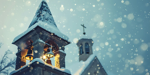 Naklejka premium Snowy church steeple with bells and cross