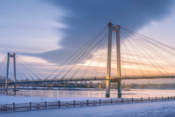 Vinogradovsky bridge in Krasnoyarsk in winter in the morning