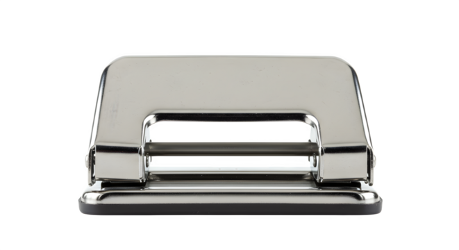 Silver metal hole puncher sits against black. Sharp focus creates studio product photography for office supply catalogs.