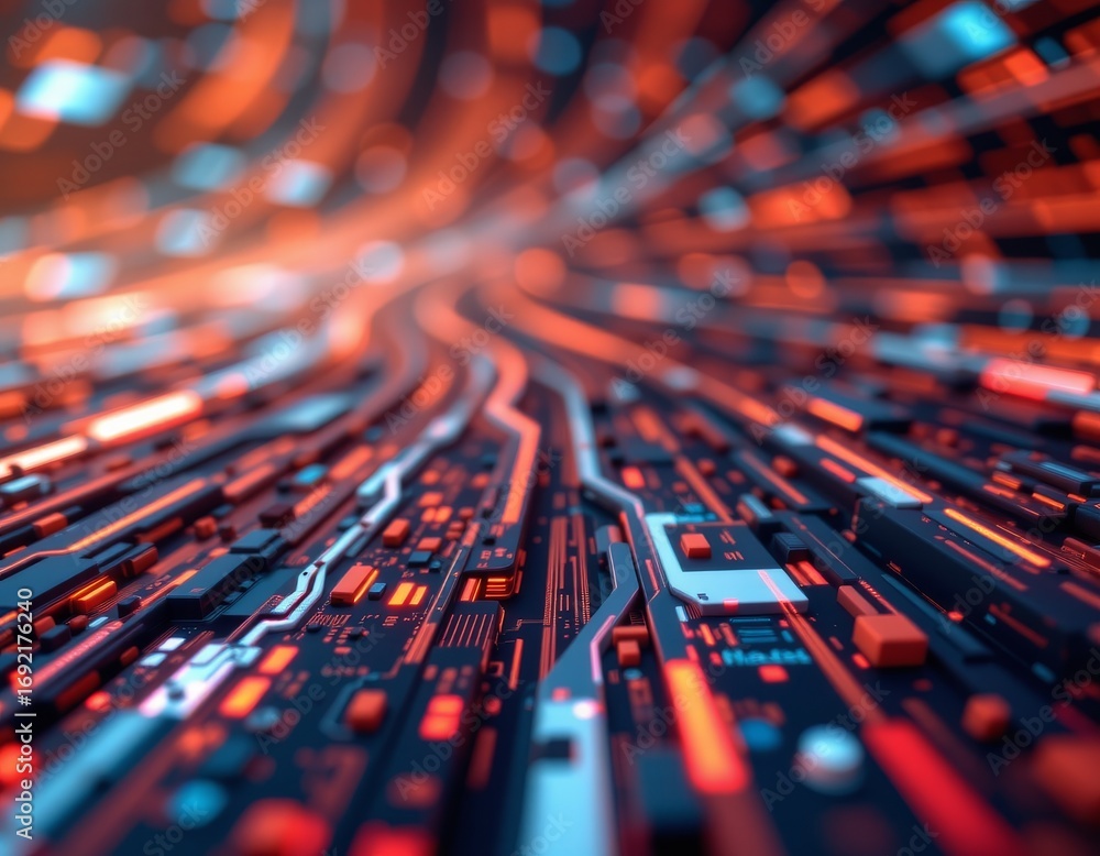 Poster the image depicts a highly stylized, futuristic circuit board scene with vibrant red and blue glowin