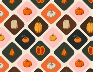 Autumn seamless pattern with whimsical hand-painted pumpkins on orange, brown and pink background. Great for wallpaper, cards, fabric, wrapping paper, backgrounds, textures, decor