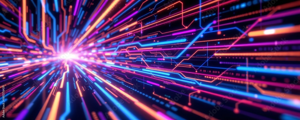Poster the image depicts a dynamic scene of vibrant, multicolored light streaks emanating from a central br