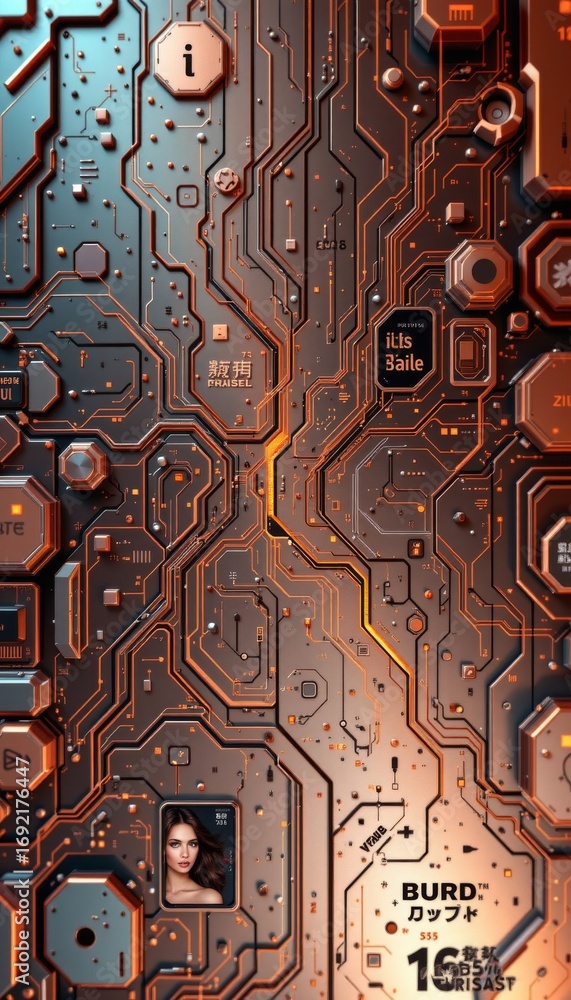 Poster the image depicts a highly detailed close up of a metallic circuit board with intricate pathways and