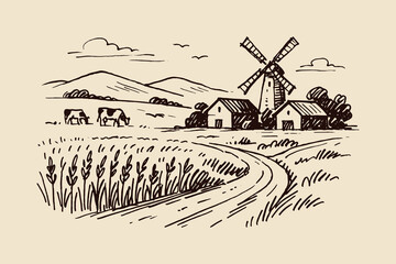 Countryside windmill farm field sketch thick line vector illustration