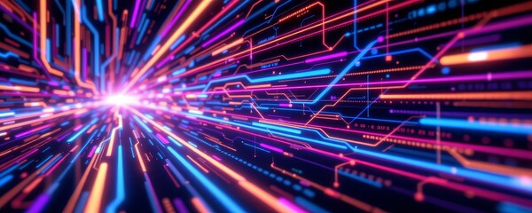The image depicts a dynamic scene of vibrant, multicolored light streaks emanating from a central bright point, creating a sense of motion and energy