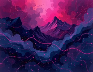 The image features a stylized mountain range with sharp peaks set against a vibrant, cosmic inspired sky
