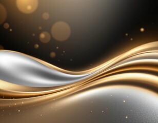 The image features an abstract arrangement of flowing, metallic like waves in shades of gold, silver, and black