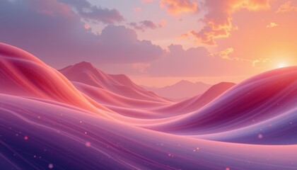 The image depicts a fantastical landscape with gently rolling, smooth hills that appear to be made of a silky, luminous material in shades of pink, purple, and orange
