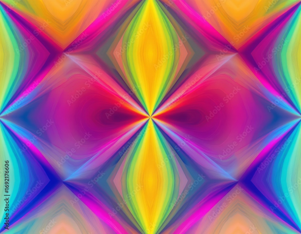Poster the image features a vibrant, symmetrical pattern composed of vivid rainbow colors that radiate outw