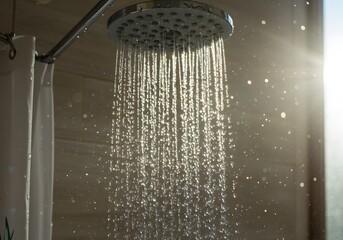 Invigorating morning shower with sparkling water droplets and sunlight shining through glass