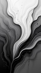 The image features an abstract, monochromatic design resembling flowing liquid or smoke in shades of black, white, and gray