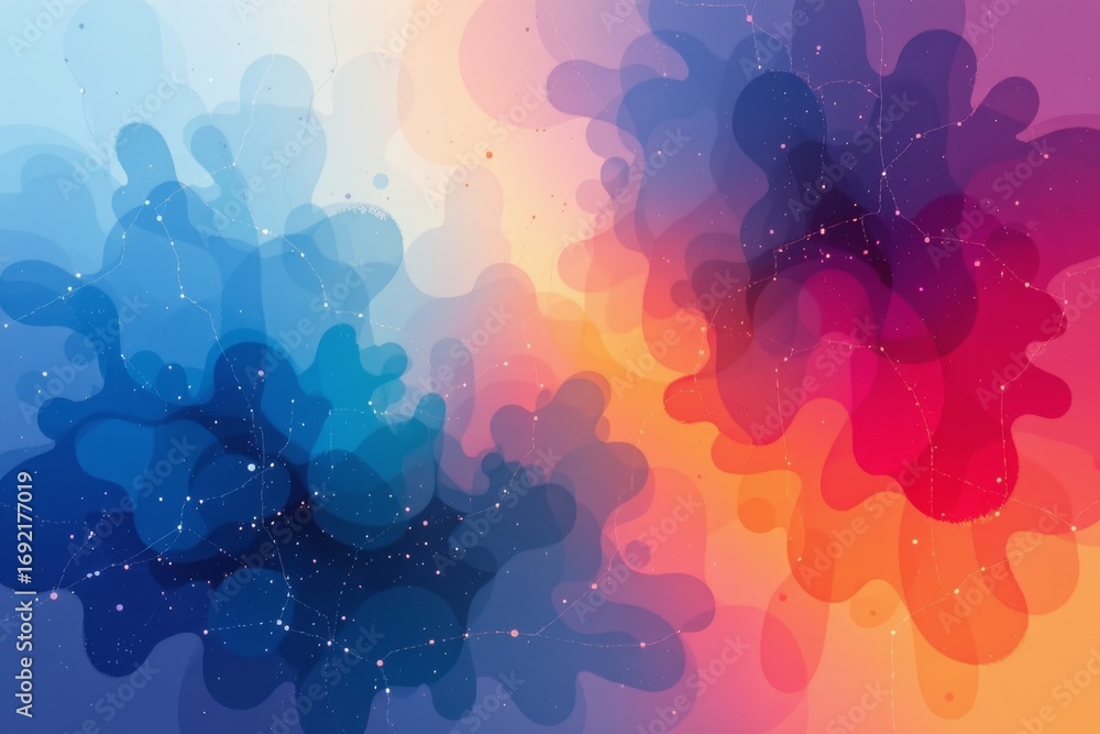 Poster the image features an abstract, colorful background with two prominent cloud like shapes blending in