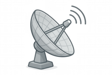 Large satellite dish capturing signals, isolated on a transparent background, ideal for telecommunications and space-related projects