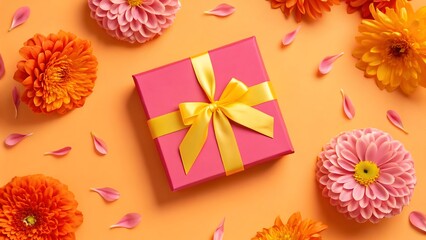 Obraz premium Bright pink gift box with yellow ribbon surrounded by vibrant orange and pink dahlia flowers and scattered petals