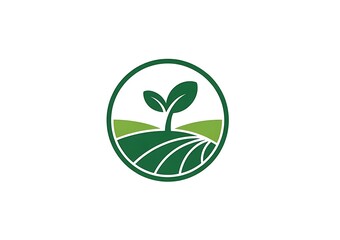 Green sprout growing in a cultivated field within an oval shape logo